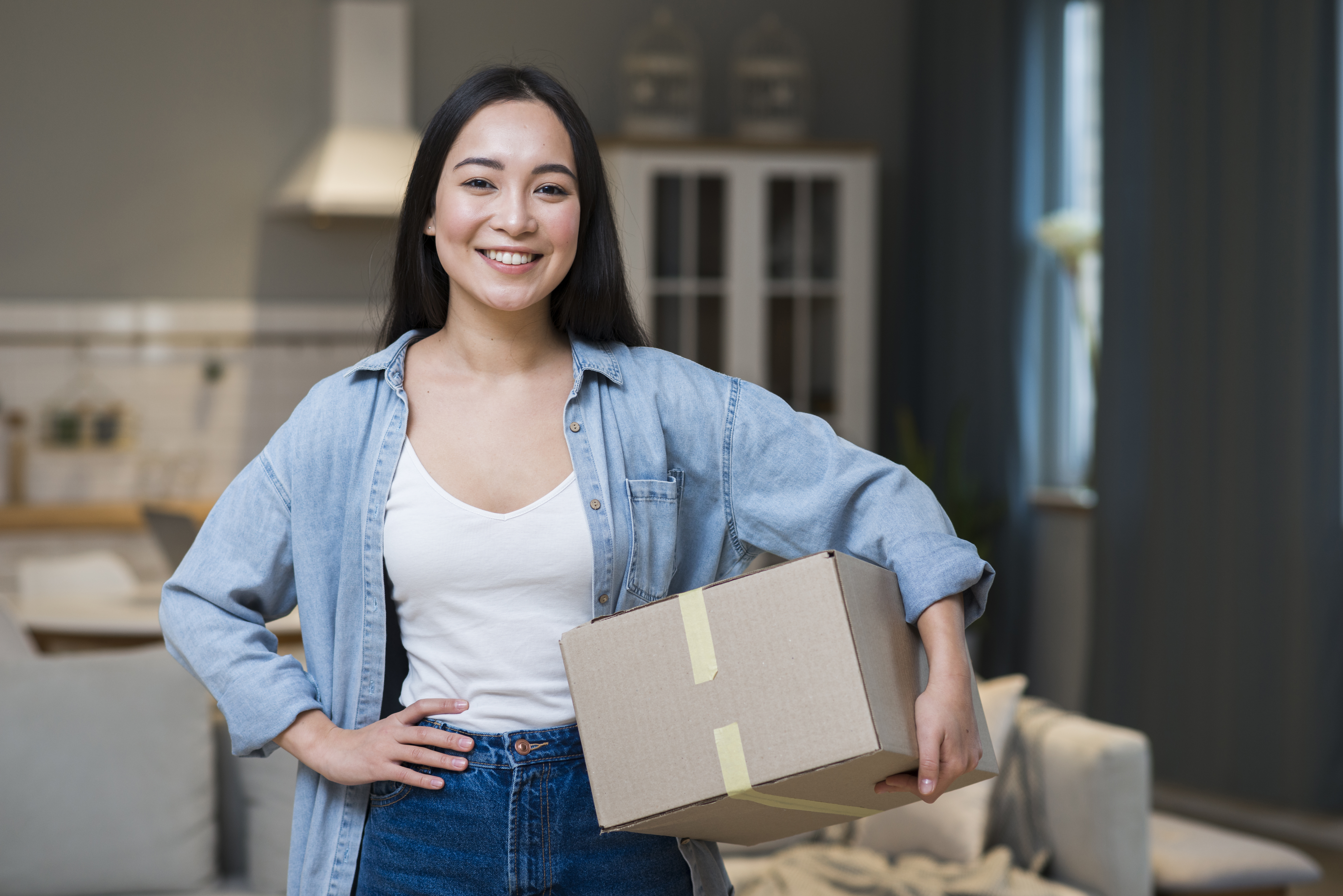 smiley woman holding boxes she ordered online